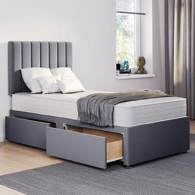 ComfoRest Single Bed with Mattress & 2 Drawers - 3FT - (Grey Plush) - Stylish Set for Modern Bedrooms - Functional Frame with Storage - Space-Saving Solution for Compact Rooms
