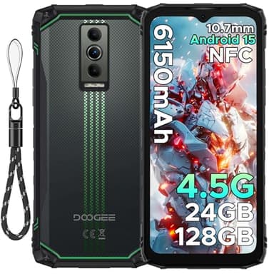 DOOGEE Blade 10 Energy Rugged Smartphone - 10.7mm Ultra-Thin Rugged Phone, 6150mAh Battery Android 15 Phone with 24GB RAM+128GB ROM, 6.56 inch 90Hz Screen 16MP+8MP Cameras/NFC/Dual SIM/Face ID- Green