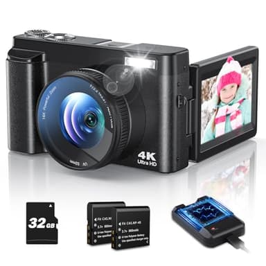 4K Digital Camera for Photography and Video, Autofocus Anti-Shake 48MP Vlogging Camera for YouTube, 3'' 180°Flip Screen Camera with Flash 16X Zoom, Digital Camera with 32GB Card Battery Charger