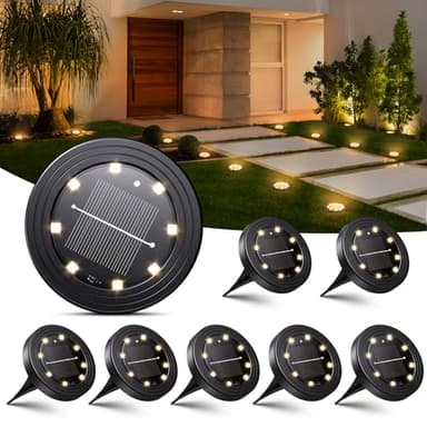 Famgoods Solar Lights Outdoor Garden, 8 Pack Solar Ground Lights IP68 Waterproof, 8 LED Warm White Path Lighting for Patio, Yard, Pathway, Landscape, Garden, Lawn, Driveway