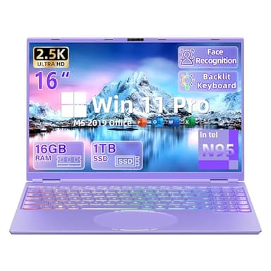 Fsjun 16" Purple Laptop 2025, 16GB RAM 1TB SSD, In tel N95(up to 3.4GHz), 2.5K QHD IPS (2560x1600), Color Backlit KB, Face Unlock, Type-C, Mini-HDMI, WiFi, Win11/Office19 notebook for Business Study