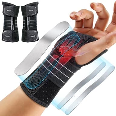Rakiie 2 Pack Carpal Tunnel Wrist Braces, Adjustable Night Wrist Support with 3 Metal Splints, Hand Stabilizer for Men Women No Pressure on Thumb, Right and Left Hand (Gray, M)