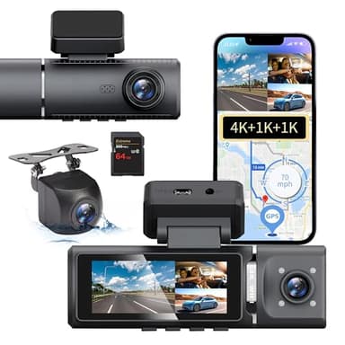 4K Dash Cam 3 Channel Dashcam for Cars 4K+1080P+1080P Front and Rear Inside Triple Car Camera with 64GB Card WiFi GPS HDR,Night Vision G-sensor,Loop Recording,Parking Monitor