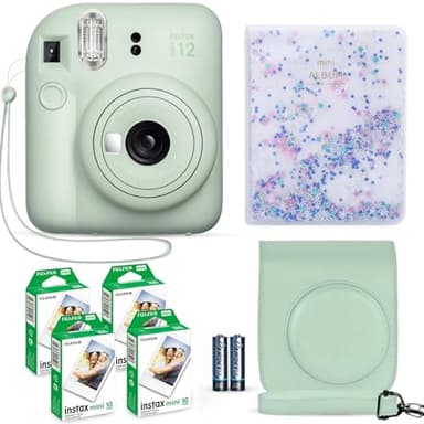 Fujifilm Instax Mini 12 Instant Camera Mint Green + Fuji Instax Film Value Pack (40 Sheets) + Shutter Accessories Bundle, Incl. Compatible Carrying Case, Quicksand Beads Photo Album 64 Pockets