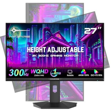 Minifire 27 Inch Gaming Monitor 300Hz, QHD 2560x1440p PC Monitor, Vertical/Horizontal Rotation, 1ms, DCI-P3 90%, sRGB130%, Adaptive sync, DP1.4＆HDMI 2.1, Tilt Adjustable - MFG27F6Q Pro