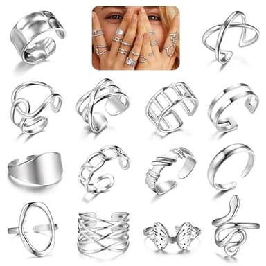 LOLIAS 14Pcs Chunky Silver Rings for Women Stainless Steels Adjustable Stacking Rings Sets Thick Waterproof Braided Twisted Trendy Knuckle Thumb Finger Ring Silver