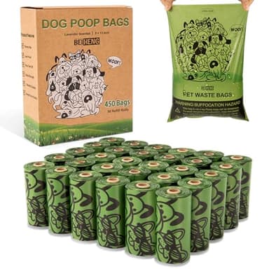 Dog Poo Bags - 450 Counts Biodegradable Thick Leak Proof Pet Poop Waste Bag Refill Rolls for 7 Month Supply, Lavender Scented