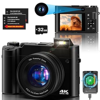 Digital Camera 4K 64MP Autofocus Vlogging Camera for Youtube with SD Card, Front and Rear Dual Cameras with 16X Digital Zoom Anti-Shake, 2 * Batteries for Teenagers, Beginners, Adults