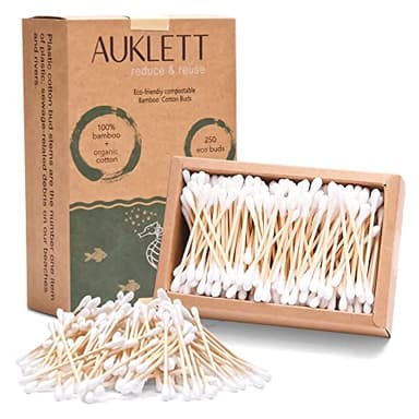 Auklett Bamboo Cotton Buds Biodegradable - 250 7cm Bamboo Earbuds for Personal Hygiene, Makeup or Small Space Cleaning | Organic and Compostable Bamboo Cotton Wool Buds for Families | Vegan-Friendly