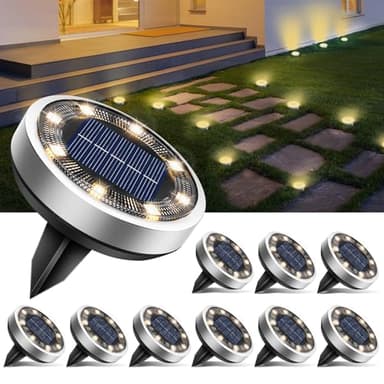 btfarm Solar Lights Outdoor Garden, 10 Pack Solar Ground Lights, 8 LED Solar Disk Lights Outdoor IP65 Waterproof for Garden Pathway Lawn Patio Yard Landscape (Warm White)