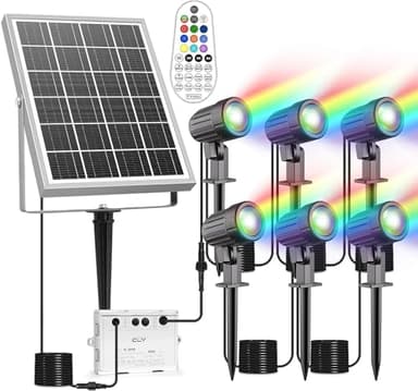 CLV 6 in 1 Solar RGB Spotlights Outdoor Garden, Colour Changing LED RGB Solar Powered Spotlights IP66 Landscape Spotlight Remote Control Dusk to Dawn Spike Lights for Garden Lawn Patio