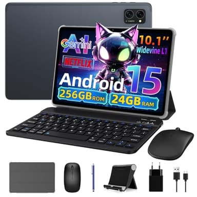 VekfulPC Tablet 10 Inch Android 15, Android Tablet with Pen and Keyboard, Gemini Ai 2.0, 24GB +256GB/2TB, 8MP AI Camera, Widevine L1, Fast Charge, 2 in 1 with Mouse and Stand, 2 Year Warranty