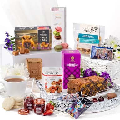 Gourmet Food Gifts, Afternoon Tea Hamper with Genoa Fruit Cake, Fudge, Macarons, Strawberry Jam, Shortbread, Nuts, and Salted Caramel Popcorn, Food Hamper for Family and Friends