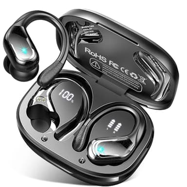 Rulefiss Wireless Earbuds, 75H Bluetooth 5.4 Headphones Sports with 4 ENC Mic, HD Stereo Noise Cancelling Ear Buds, Running Earphones with Earhooks, LED Display, IP7 Waterproof Headset for Gym Workout