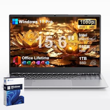 2025 Laptop Computer 15 15.6 inch FHD 1080p Display, Windows 11 Pro with MS Office for Students & Business, 16GB RAM, 1TB SSD, Intel 4-Core N100 (Up to 3.4GHz), Backlit Keyboard, Type-C, Fingerprint