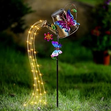 Solar Watering Can Garden Decorations Outdoor Waterproof Shower Lights - Large Retro Metal Lantern Hanging Butterfly & Flower Flashing LED Fairy Art Decorative Lamp for Walkway Garden Patio Lawn
