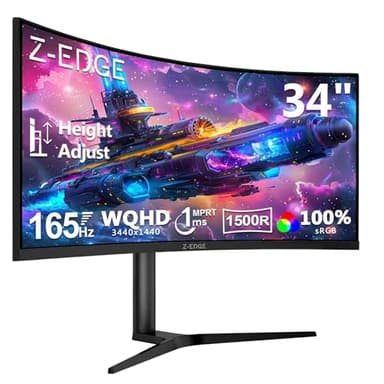 Z-Edge 34 Inch Ultrawide Curved Gaming Monitor 165Hz 1ms MPRT 21:9 3440x1440 UWQHD 1500R VA Panel, sRGB 100%, Height Adjustable, Adaptive Sync, DisplayPort (165Hz) HDMI (100Hz), PIP/PBP