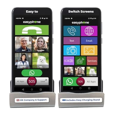 Easyphone Mobile Easy Phone for Elderly People - 4G Senior Mobile SmartPhone, 6 Inch Bright Screen Loud Volume Big Buttons - UK Support No Contract, Inc Case and Charger Stand GPS & SOS, All Networks