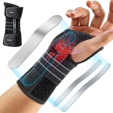Rakiie Carpal Tunnel Wrist Brace, Adjustable Night Wrist Support with 3 Metal Splints, Hand Brace for Men Women No Pressure on Thumb, Splint Stabilizer for Work, Gray Right Hand M(6.69-8.27")