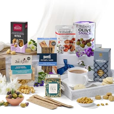Hattie's Gifts Afternoon Tea Luxury Food Hamper - Premium Sweet & Savoury Gift Box for Him or Her with Shortbread, Flatbread, Cheese Bites, Gourmet Popcorn, Olives, Peanuts - Premium Snacks