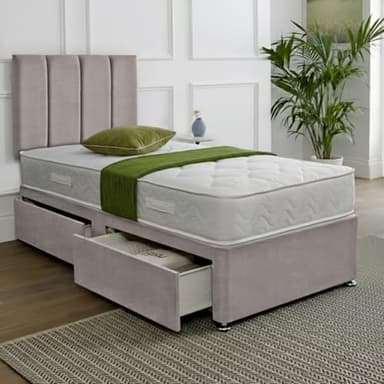 SANA SLEEP Single Divan Bed with Orthopedic, Posture Support, Multi-Layer Pocket Sprung Mattress, Headboard & 2 Drawers – Plush Silver Fabric, 3FT UK Made, Bedroom, Guest & Kids’ Room, Space-saving