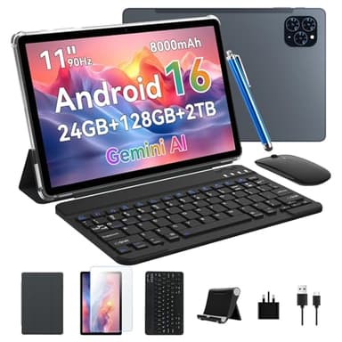 Tablet 2025 Android 16 Tablet with Gemini AI 2.0, 11 Inch FHD Display, 24GB RAM 128GB ROM /2TB TF, T7280 CPU, 13MP AI Camera, 8000mAh, 5GWIFI, Widevine L1, 2 in 1 Tablets with Keyboard Mouse Stylus