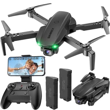 SIMREX Drone With 1080P Camera for Kids Adults, Mini RC Quadcopter Foldable, One Key Start, Waypoint Fly, Headless Mode, Auto-Follow, 3D Flip, 3 Speeds, 2 Batteries, Easy for Beginners, Black