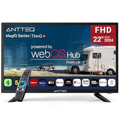 Antteq 22 Inch FHD Smart TV 12V/24V, WebOS 12 Volt Television with AI Voice Control Remote, BBC Freeview Netflix Airplay, HDMI/USB, Small Travel Screen for Caravan Truck Boat Motorhome