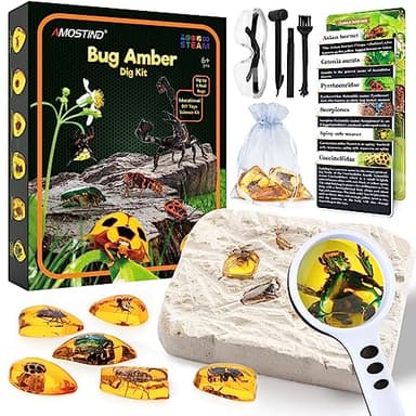 Amber Mega Fossil Dig Kit，Real Crystals & Gemstone Fossil Science Kits for Kids Age 6 7 8 9 10， Rocks & Stones & Bugs Excavation Kits， Educational Toys Gifts Toys for 6+ Year Old Girls Boys