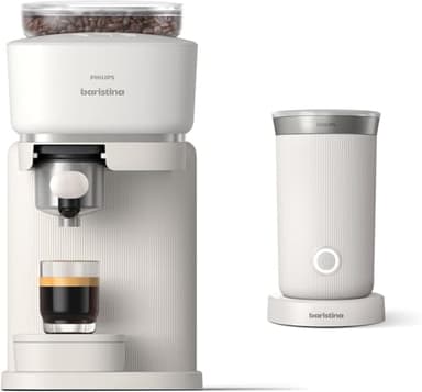 Philips Baristina Espresso Machine+Milk Frother Bundle. Real espresso. Compact coffee machine, portafilter, grinder, Cafe Crema. Dairy & Non-Dairy Milk foam. Hot & Cold. Easy Clean. White (BAR303/00)
