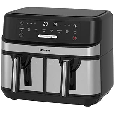EMtronics EMAFDD9LSL Dual Air Fryer Extra Large Family Size Double XL 9 Litre with 8 Pre-Set Menus for Oil Free & Low Fat Healthy Cooking, Easy Clean Metal Interior, 99-Minute Timer - Stainless Steel