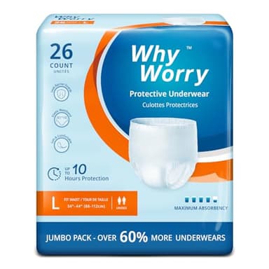 WhyWorry Incontinence Pants for Women and Men, Disposable Adult Pull Ups with Overnight Absorbency, Odor Control, Unisex, Large, 26 Count