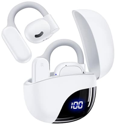 Open Ear Headphones,80Hrs Playtime Wireless Earbuds with Ear Hooks,Lightweight-Glasses-Friendly,Bluetooth 5.3 with Digital Display Charging Case,IPX7 Waterproof Open Earbuds for Sport Workout-White