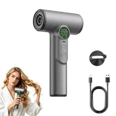 Cordless Hair Dryer, Portable Rechargeable Blow Dryer with Digital Screen, 3 Heat & Speed Settings, USB Charging, Lightweight Travel Hair Dryer for Home, Dorm, Travel, Camping & Outdoor Use (Dark Grey