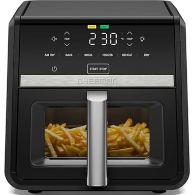 Chefman Air Fryer TurboFry 8.5L, 6-in-1 High-Powered 230°C Cooking for Crispier Chips, Chicken and Onion Rings, XL Windowed Basket, Air Fry, Bake, Broil, Reheat, Dehydrate Defrost – Black
