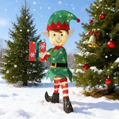 Hausse Lighted Christmas Outdoor Decor, Pre-Lit 3D Tinsel Xmas Green Elf Figure, Light Up Xmas Yard Displays, Plug in for Holiday Party New Year Winter Patio Lawn Garden
