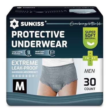SUNKISS Incontinence Pants for Men, Daytime Disposable Adult Pull Ups, Mens Protective Underwear with Maximum Absorbency, Grey, Medium, 30 Count