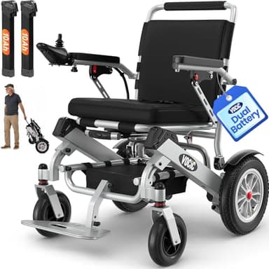 VOCIC V62 Lightweight Electric Wheelchair 25KG, Dual Battery 18.6 Miles, Aluminium Foldable Travel Powered Wheelchair with 30CM Rubber Tyres, 500W, Max136KG, Airline Approved, 5 Year Support(Sliver)