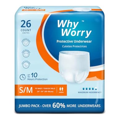 WhyWorry Incontinence Pants for Women and Men, Disposable Adult Pull Ups with Overnight Absorbency, Odor Control, Unisex, Small/Medium, 26 Count
