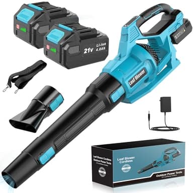 LEEIKOO Cordless Leaf Blower, 2 Batteries 4.0Ah Garden Blower 21V, 3 Speed Settings Battery Leaf Blower with 2 Nozzles & Shoulder Strap, for Leaf Snow Dust Patio Garage Driveway and Debris Blowing