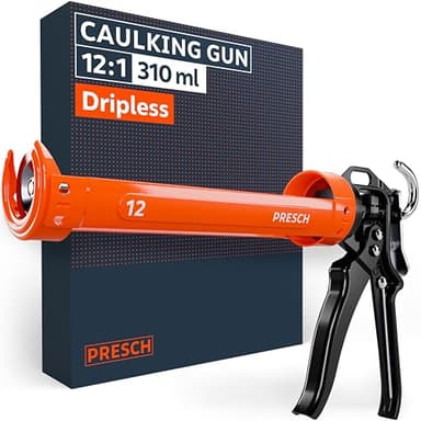 Presch Silicone Gun 12:1 Thrust Ratio with Drip-Stop – Caulking Gun for up to 310ml cartridges (Low Viscosity, Acrylic & Silicone) – 360° Rotating Barrel with Integrated Puncture pin